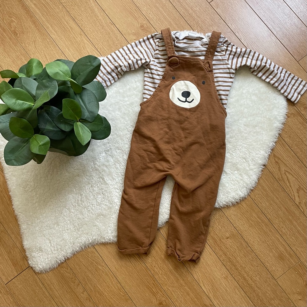 H&M Brown Bear Overalls with Striped Top